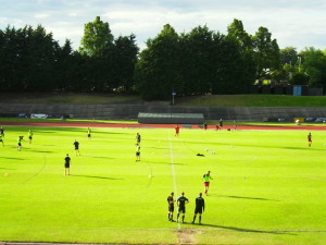 City & Rovers warm up before the game