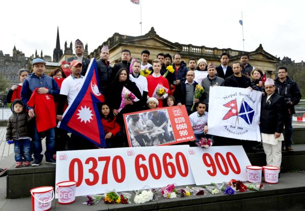 FREE PICTURE:  Nepal Earthquake Appeal in Scotland, Tues 28/04/2015: Members of the Scottish Nepalese community join the Nepalese Consul (Mrs Sunita Poddar, the Honorary Consul of Nepal, based in Glasgow ) and the Disasters Emergency Committee (DEC) participating charities to launch the Nepal Earthquake Appeal in Scotland - at the foot of The Mound, Edinburgh.   More info from: Graham Burgess, DEC Scotland Media Lead, on 0141 285 8875 or 07880 785 159.  Photography for the DEC / Oxfam Scotland from: Colin Hattersley Photography - 07974 957 388 - www.colinhattersley.com - colinhattersley@btinternet.com