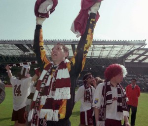 Goalkeeper Gilles Rousset celebrates Hearts Scottish Cup triumph 1998