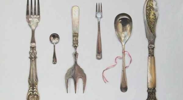 Collected cutlery with pink silk copyright Rachel Ross