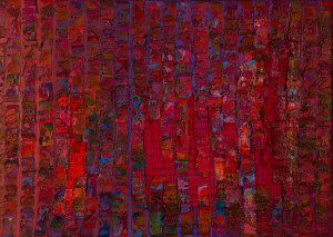 Bernat Klein (1922-2014), Red Transition (detail), 1968, 134.5 x 187cm, oil, tweed and polyester fabric laid on canvas, photo credit Jed Gordon