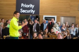 Pitch Perfect Craig Gordon conducts the RSNO at Glasgow Airport today Pic Peter Devlin