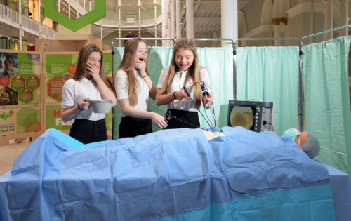 FREE USE PICTURE Careers Hive, an innovative careers event for S1-S3 pupils to encourage young learners to keep studying science and technology subjects, designed and delivered by the Edinburgh International Science Festival, took place at the National Museum of Scotland, Edinburgh, this week. Pictured (left to right) is Cara Cassie, Katie Birnie and Alana Lion, from Craigmount High School, take a closer look at how an endoscope works at Careers Hive. 3 March 2016. Picture by JANE BARLOW © Jane Barlow 2016 {all rights reserved} janebarlowphotography@gmail.com m: 07870 152324