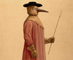 V0010642 A physician wearing a seventeenth century plague preventive Credit: Wellcome Library, London. Wellcome Images images@wellcome.ac.uk http://wellcomeimages.org A physician wearing a seventeenth century plague preventive costume, 17th century. Watercolour 1910 Published: [ca. 1910?] Copyrighted work available under Creative Commons Attribution only licence CC BY 4.0 http://creativecommons.org/licenses/by/4.0/