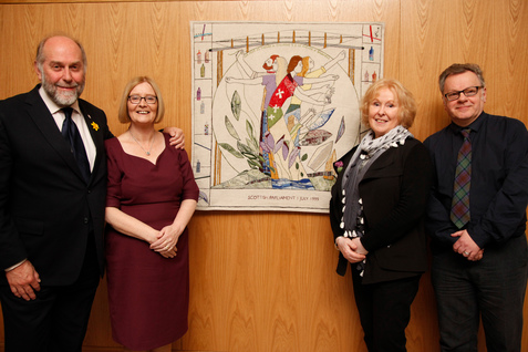 Presiding Officer Tricia Marwick MSP is joined by Historian, Alistair Moffat; stitching coordinator, Dorie Wilkie and Andrew Crummy, the artist who designed the panel to unveil the Great Tapestry People's Panel which was stitched by an estimated 10,000 people across Scotland. 09 March 2016 Pic - Andrew Cowan/Scottish Parliament