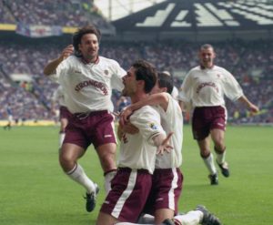 Stephane Adam celebrates scoring Hearts 2nd goal in the 1998 Scottish Cup final