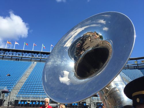 Edinburgh Castle reflected in the tuba played by a member of the US Europe Army Band