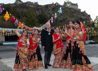 Lord Provost and dancers pose by the Ross Bandstand at Diwali Launch