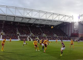 Hearts and Motherwell players during the game at Tynecastlle on 8th December.
