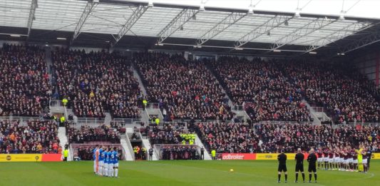 Hearts and Rangers players before kick off at Tynecastle on 2nd December 2018