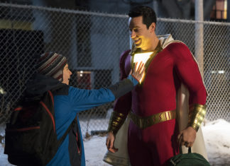 Actor Zachary Levi in character as the superhero Shazam