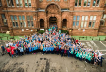 Aerial photo of staff outside Sick Kids