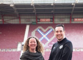 Edinburgh Napier’s Dr Susan Brown with Kevin Murphy, Heart of Midlothian Girls Academy and Women’s Manager at Tynecastle Park.