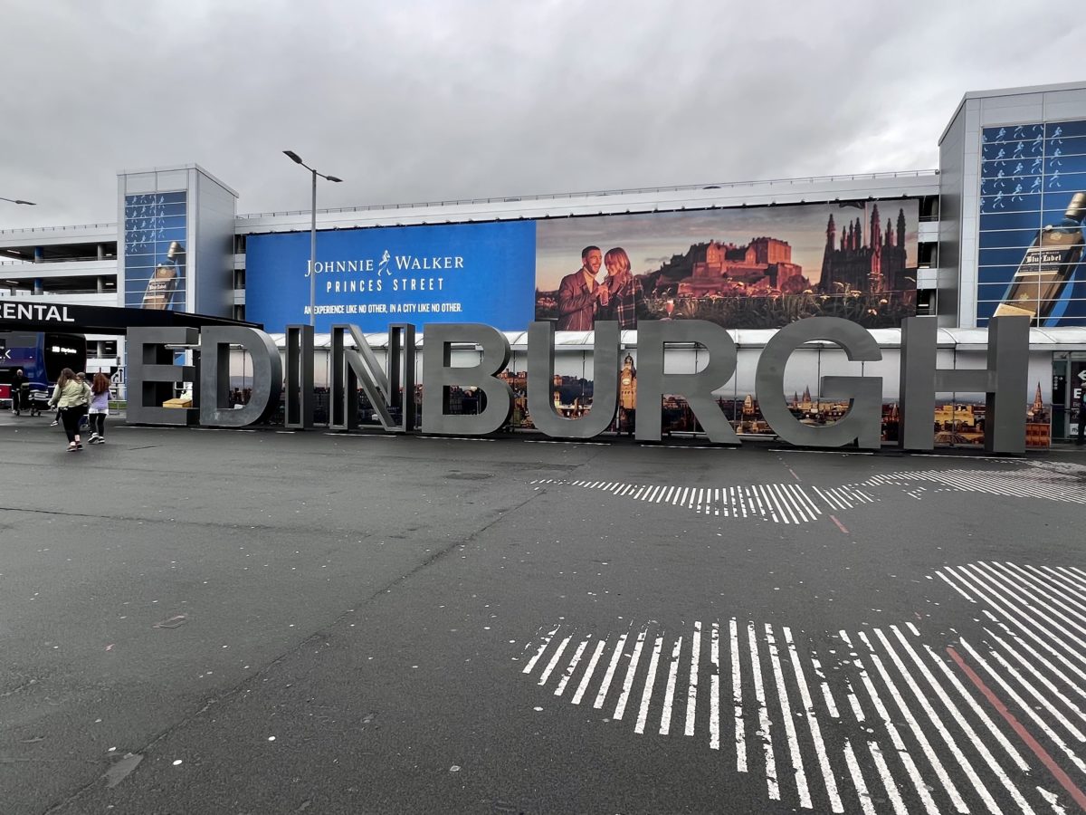 Sign at Edinburgh Airport made of large standalone letters spelling Edinburgh