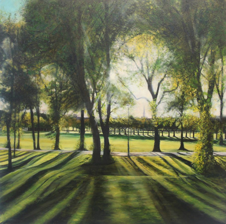 An oil on canvas painting showing trees on the Meadows, with shadows