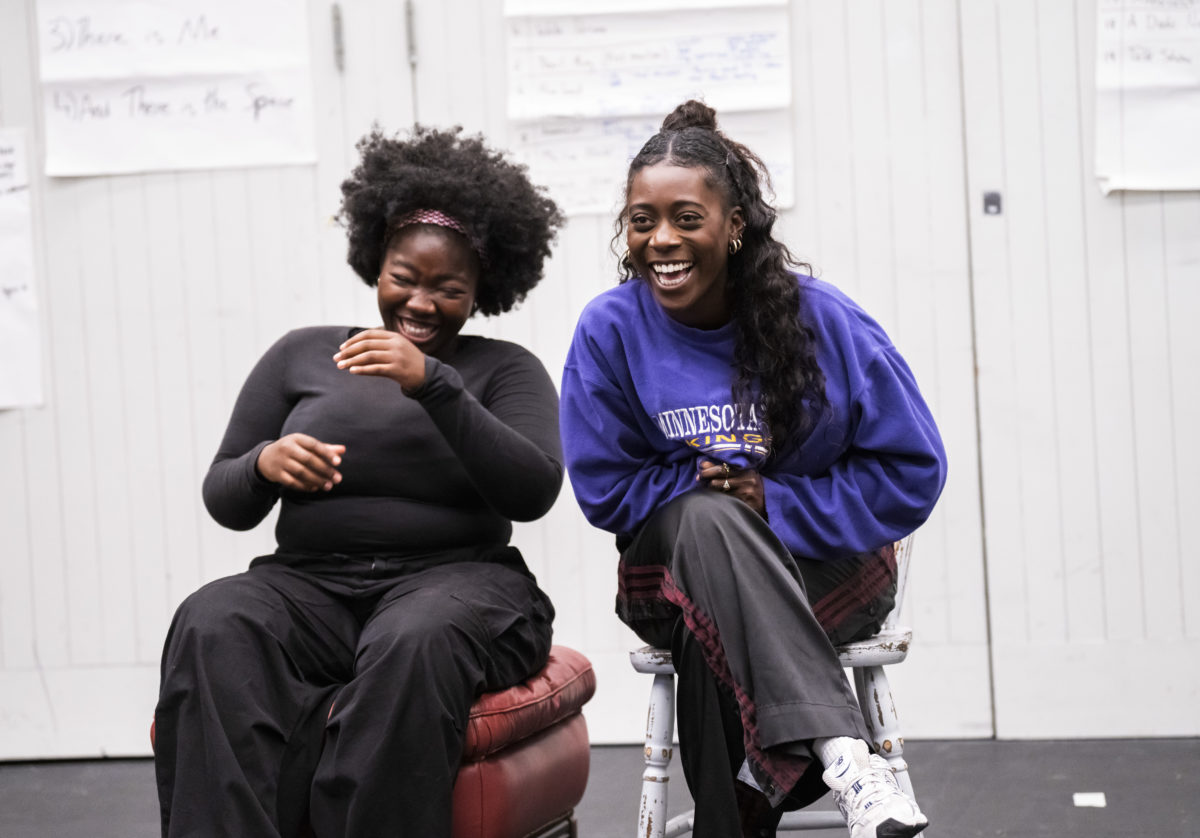 Two black actresses in rehearsal for world premier of new satirical play, FLIP!